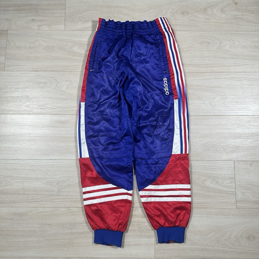 Vintage 80s Adidas Track Pants Mens Medium Blue Red 3-Stripes Nylon Shiny Dazzle